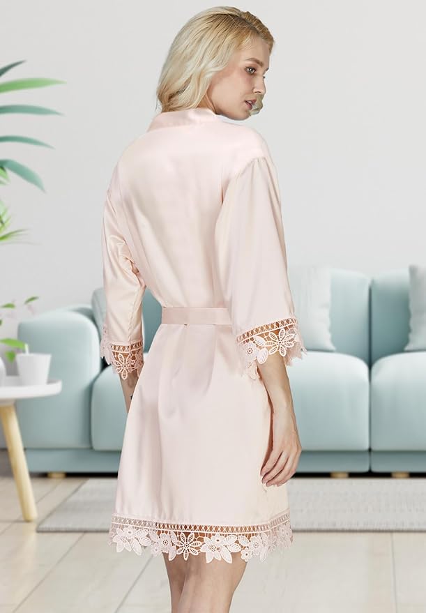 Silk Robes for Womens 2Pcs Satin Robe Kimonos Bridesmaid Bride Lace Bathrobes Sleepwear Bridal Silky Loungewear Wedding Robes