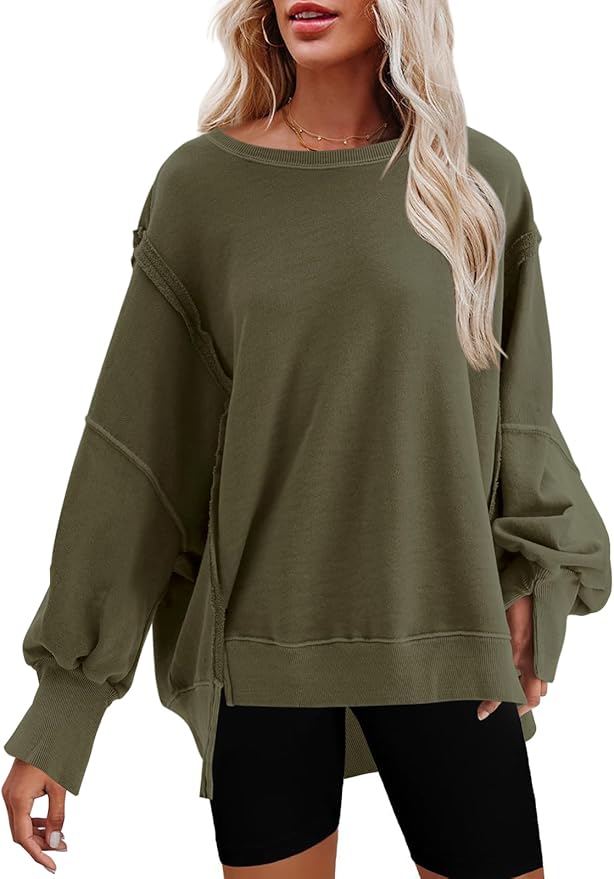 Nirovien Womens Oversized Crewneck Sweatshirt Side Slit Long Sleeve Pullover Slouchy Fit Tops