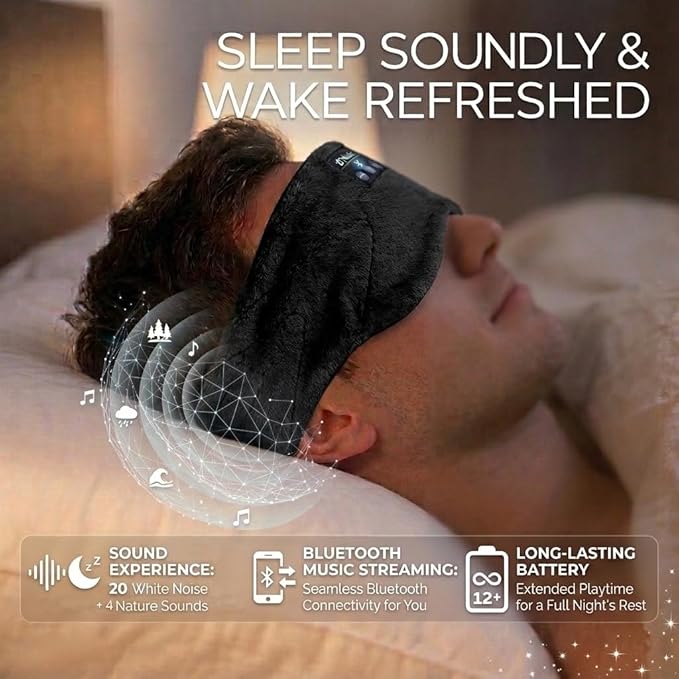 Sleepals Bluetooth Sleep Mask with 24 Built-in White Noise Sounds, Ultra-Slim Headphones for Side Sleepers, 100% Light Blockout 3D Eye Mask, Washable Fleece Sleep Headphones (Black)