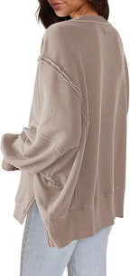 Nirovien Womens Oversized Crewneck Sweatshirt Side Slit Long Sleeve Pullover Slouchy Fit Tops