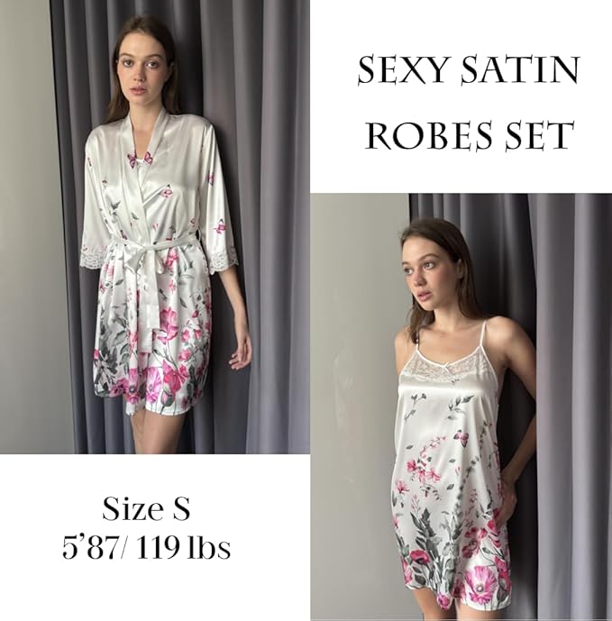 Ekouaer Sleepwear Women's Satin Nightgown with Robes Set 2 Piece Sexy Lace Cami Nightwear