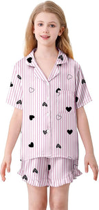 Umeyda Girls & Women Satin Pajamas Set Button Down 2 Piece Silk Pjs Shorts Set Ruffle Sleepwear, 5 Years-Women L