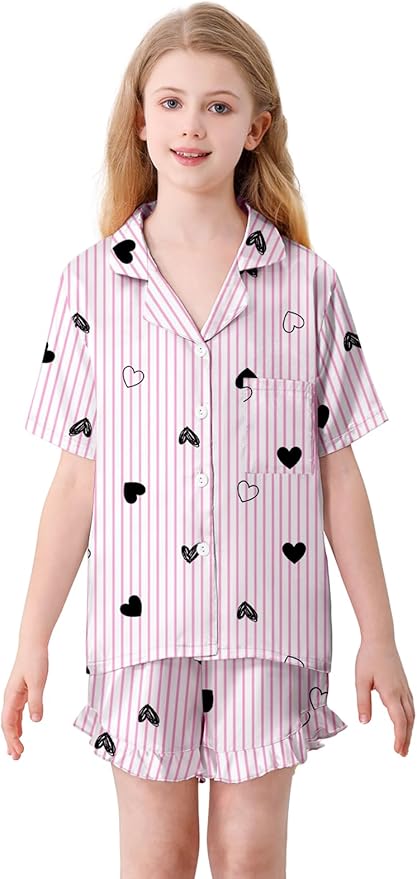 Umeyda Girls & Women Satin Pajamas Set Button Down 2 Piece Silk Pjs Shorts Set Ruffle Sleepwear, 5 Years-Women L