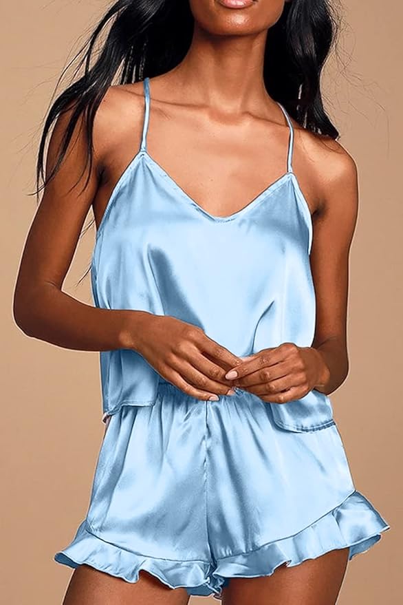 CHYRII Women's Sexy Silk Satin Ruffled Pajamas Sets Cami Shorts Sets Sleepwear