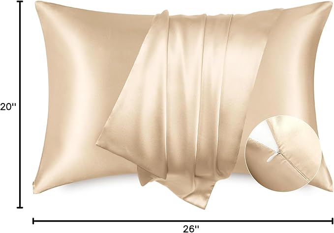 Bedsure Satin Pillowcase with Zipper, Similar to Silk Pillow Cases 2 Pack, Silky & Soft Satin Pillow Cases Standard Size for Hair and Skin, Champagne Pillow Covers, Gifts for Women Men, 20x26 Inches
