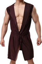 Lu's Chic Men's Silk Kimono Robe Hooded Bathrobe Sleeveless Lightweight Sleepwear Pajamas