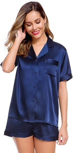 LecGee Womens Silk Satin Pajamas Short Sleeve Loungewear Two-Piece Sleepwear Button-Down Pj Set