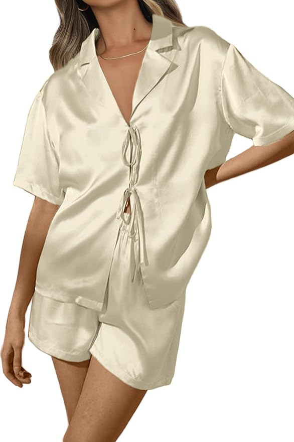 CHYRII Women's Silk Satin Pajamas Sets Tie Front Short Sleeve Tops and Shorts Two Piece Pj Sets Sleepwear