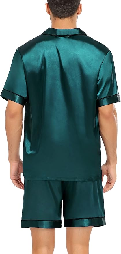 SWOMOG Satin Matching Pajamas Sets Couple Silk Button Down Nightwear Women & Men Short Sleeve Sleepwear 2 Pieces Loungewear