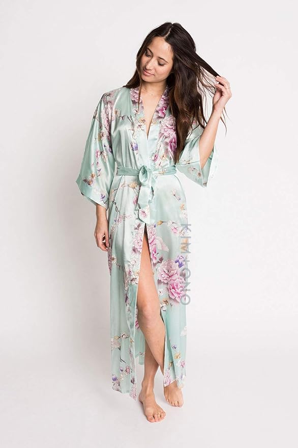 KIM+ONO Plus Size Luxury Kimono Robe for Women | Long Satin Floral Robe | Original Design | Removable Waist Tie Closure