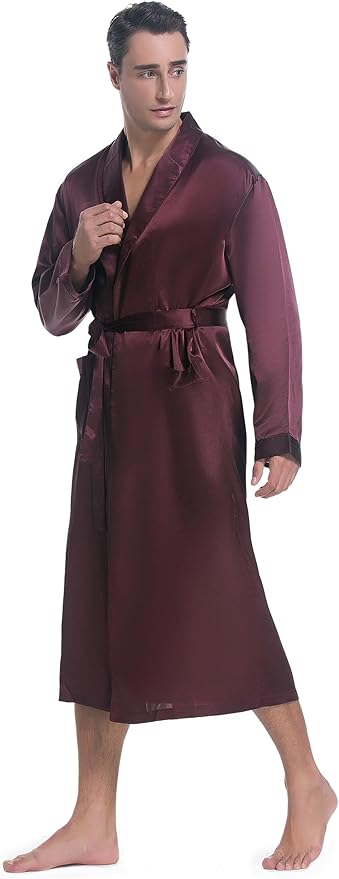Lavenderi Mens Silky Satin Lounge Robe, Long Lightweight Sleepwear