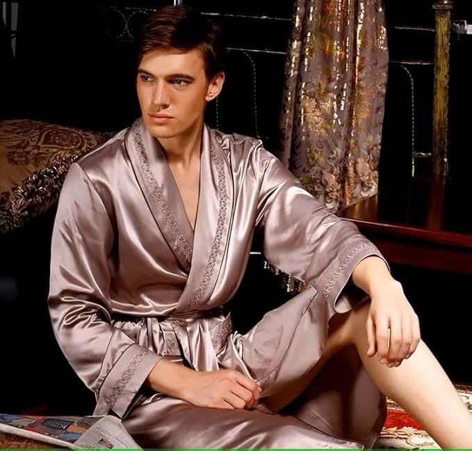 Men's 100% Mulberry Silk Long Robe Kimono Paisley Print Bath Robe, Heavy Silk 19 Momme Dressing Gown
