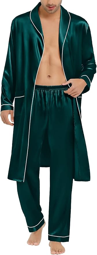 SWOMOG Men's Satin Robe Silky Kimono Bathrobe with Shorts Set Lightweight Soft Loungewear Nightwear