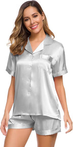 SWOMOG Womens Silk Satin Pajamas Set Short Sleeve Sleepwear Button Down Top and Shorts Loungewear 2 Piece Pjs Set XS-3XL