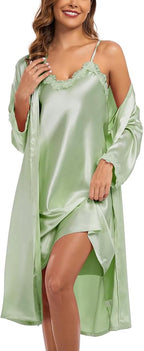 BestWendding Women's Silk Robe Set 2 Pieces Pajamas Sets Sexy Soft Satin Robe with V Neck Camisole Lingerie Nightgown