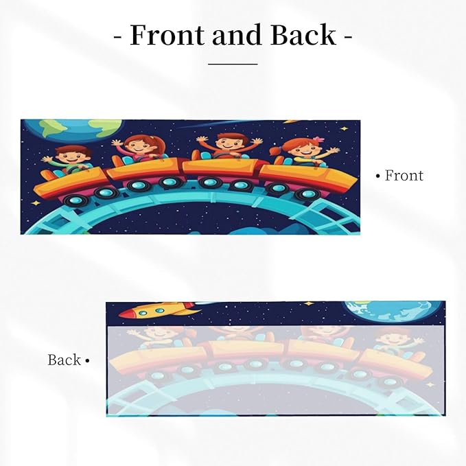 Children Riding Space-Themed Train, Night Sky Curtain Valance Peach Skin Velvet Printed Window Valance with Rod Pocket Light Filtering for Kitchen Bathroom 54x18in