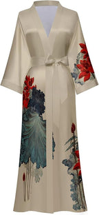Kihnop Women's Floral Long Kimono Robe Long Satin Robe Long Silk Robe Ladies Kimonos Silky Bathrobe Cover Up, One Size