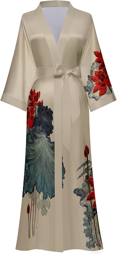 Kihnop Women's Floral Long Kimono Robe Long Satin Robe Long Silk Robe Ladies Kimonos Silky Bathrobe Cover Up, One Size