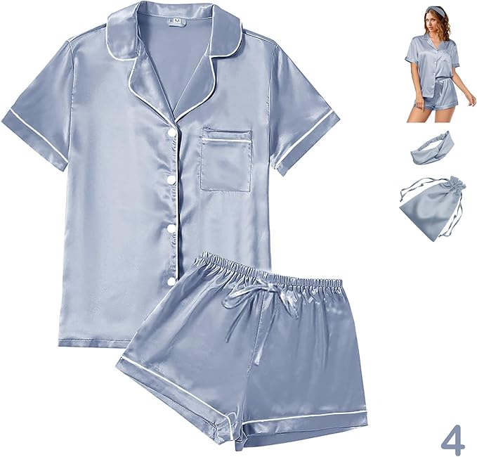 WJing Yi Jia 4Pcs Womens Satin Silky Pajama Sets Short Sleeve Shirt XS-4XL Floral Pajamas Set Soft PJ Loungewear Sleepwear