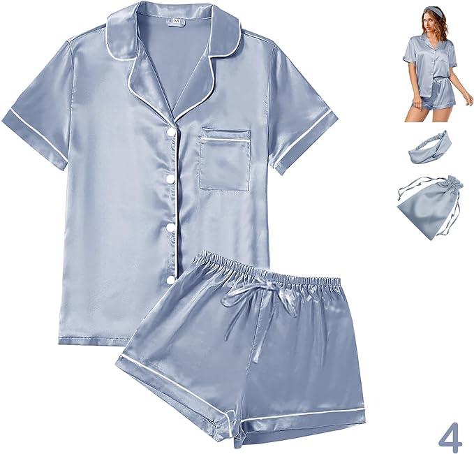 WJing Yi Jia 4Pcs Womens Satin Silky Pajama Sets Short Sleeve Shirt XS-4XL Floral Pajamas Set Soft PJ Loungewear Sleepwear