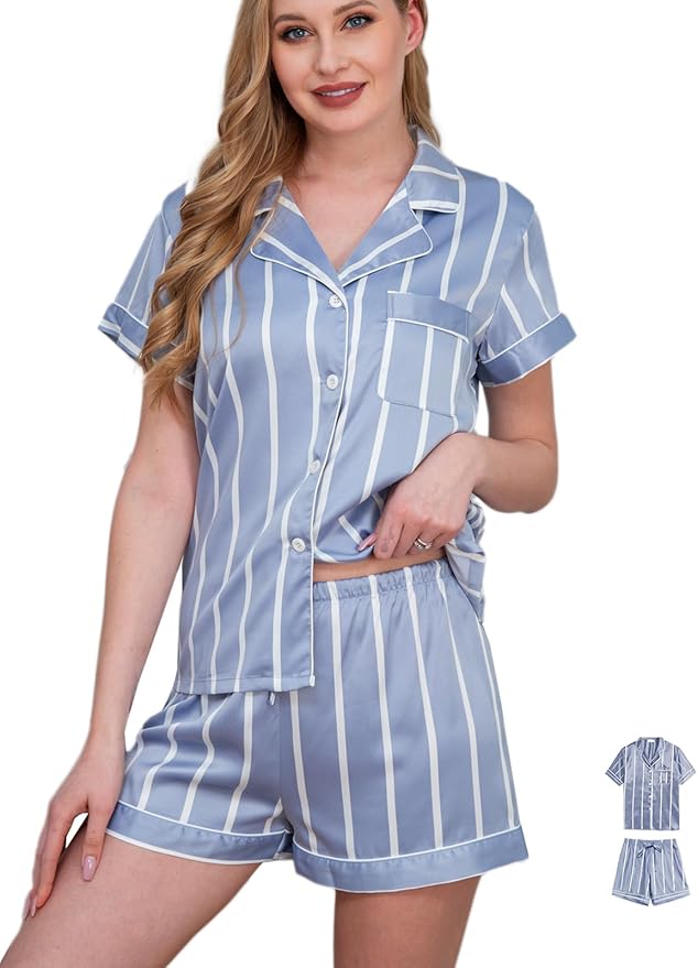 WJing Yi Jia Womens 3Pcs Satin Pajamas Set Floral Silk Pajama Sets Stripe Lounge Set Silky Sleepwear XS-2XL Pjs Long Scarves