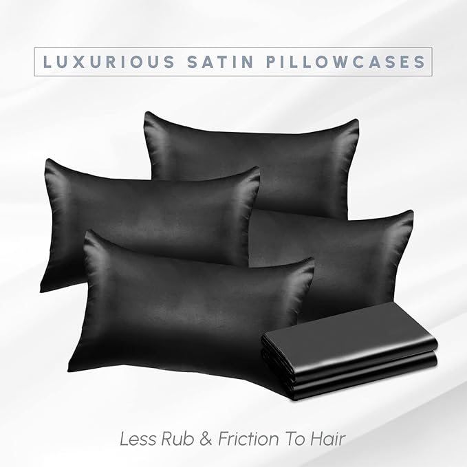 Elegant Comfort 6-Pack King Size Black Satin Pillowcase Set with Hidden Zipper Closure, 20" x 40"