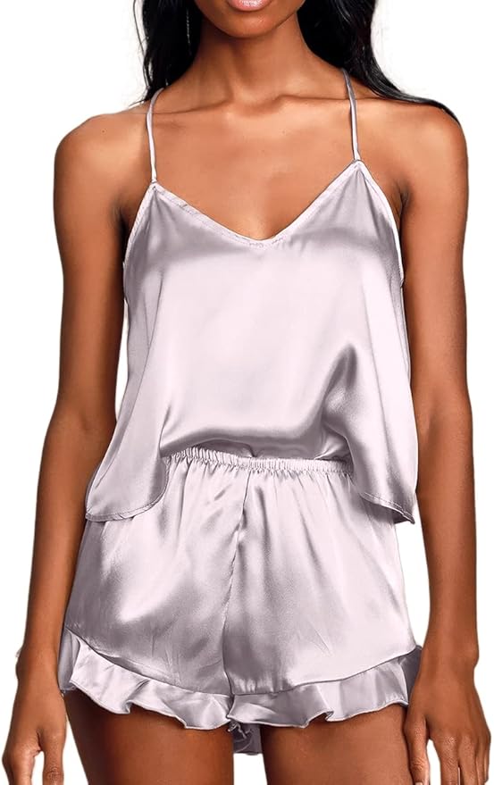 CHYRII Women's Sexy Silk Satin Ruffled Pajamas Sets Cami Shorts Sets Sleepwear