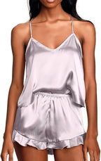 CHYRII Women's Sexy Silk Satin Ruffled Pajamas Sets Cami Shorts Sets Sleepwear