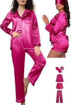 WJing Yi Jia 5Pcs XS-XXL Womens Silk Satin Pajamas Sets Long Pj Sets Button Down Pjs Set Loungewear Sleepwear
