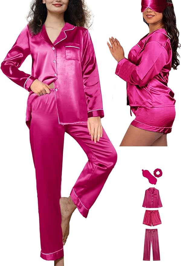 WJing Yi Jia 5Pcs XS-XXL Womens Silk Satin Pajamas Sets Long Pj Sets Button Down Pjs Set Loungewear Sleepwear