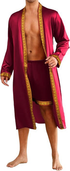 ChiaoLezhee Mens Satin Bath Robe with Shorts Set, Silk Paisley Kimono Lightweight, Soft Long Sleeve Sleepwear