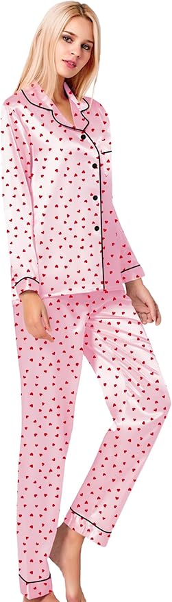 SWOMOG Womens Silk Satin Pajamas Set Long Sleeve Button Down Sleepwear 2 Piece Lounge Set Pj Set XS-3XL