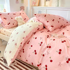 Nayoroom Duvet Cover Queen Size - Reversible Pink Bow Red Cherry Patterned Duvet Cover, 3 Pieces Soft Lightweight Microfiber Kids Girls Cute Aesthetic Dorm Bedding Set