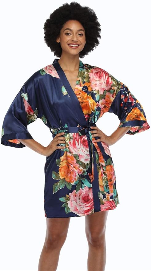MissNina Women's Floral Satin Kimono Robes Short Silky Bridesmaid Robes Sleepwear