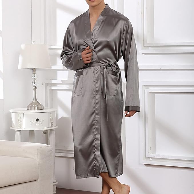 Men's Satin Robe Silky Bathrobe Soft Comfy Casual Bathrobe Fashion Comfy Solid Color Long Loungewear with Pocket
