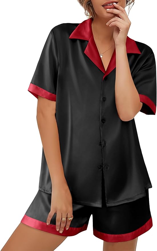 Ekouaer Womens Silk Satin Pajama Set Short Sleeve PJs 2 Piece Button Down Top and Shorts Notch Collar Sleepwear Sets Soft Pjs