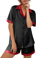 Ekouaer Womens Silk Satin Pajama Set Short Sleeve PJs 2 Piece Button Down Top and Shorts Notch Collar Sleepwear Sets Soft Pjs