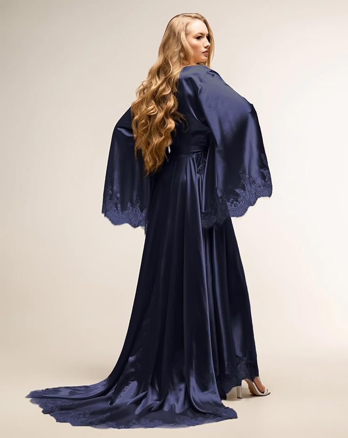 BATHGOWN Women's Satin Robe Black Silk Kimono Bride Robe for Wedding Day Lightweight Long Lace Loungewear Sleepwear