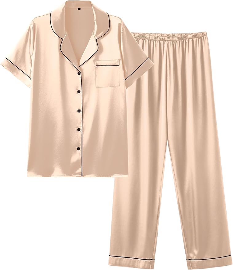 Ekouaer Silk Satin Pajamas Set Women Short Sleeve Sleepwear Soft Button Down Loungewear Pjs Set
