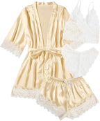 WDIRARA Women' Silk Satin Pajamas Set 4pcs Lingerie Floral Lace Cami Sleepwear with Robe
