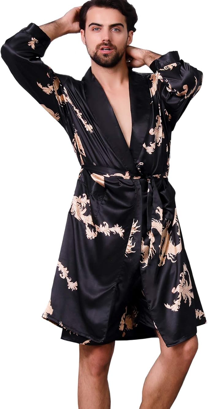 Mens Satin Robe,Silk Long Sleeve House Kimono Bathrobe,Soft Loungewear Dragon Robe