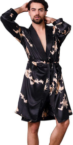 Mens Satin Robe,Silk Long Sleeve House Kimono Bathrobe,Soft Loungewear Dragon Robe
