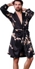 Mens Satin Robe,Silk Long Sleeve House Kimono Bathrobe,Soft Loungewear Dragon Robe