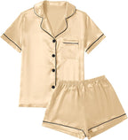 LYANER Women's Silky Satin Pajamas Set Short Sleeve Button Down Shirt With Shorts Pjs Set Sleepwear