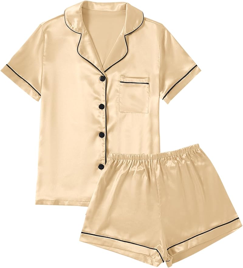 LYANER Women's Silky Satin Pajamas Set Short Sleeve Button Down Shirt With Shorts Pjs Set Sleepwear