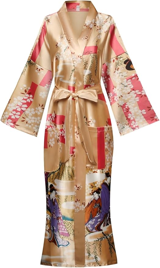 Valennia Women Long Silky Bathrobe Satin Kimono Robe Floral Printed Dressing Gown Sleepwear
