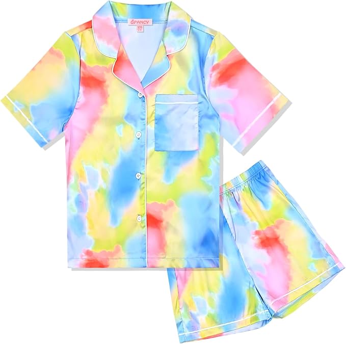QPANCY Kids Satin Pajamas Sets Baby Boy Girl Button-Down Silk Sleepwear 2 Piece Short Sleeve Loungewear Clothes Set