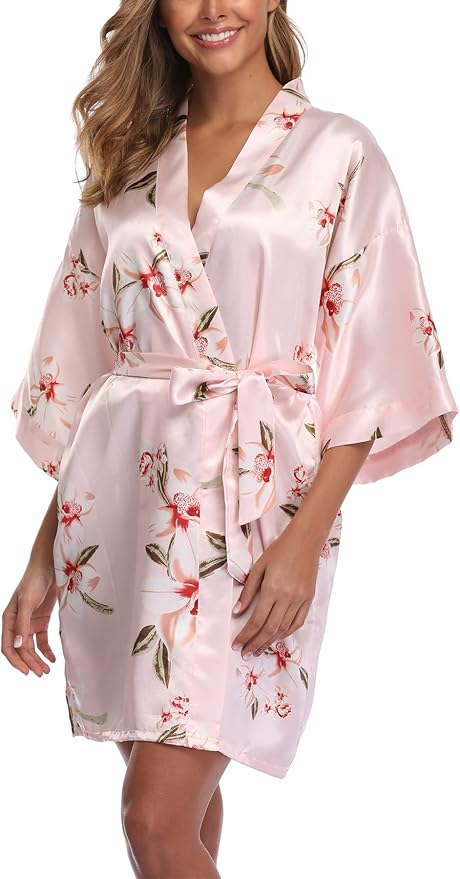 Women's Floral Satin Robes Bride Bridesmaid Getting Ready Robe Short Silky Kimono Sleepwear for Wedding Party