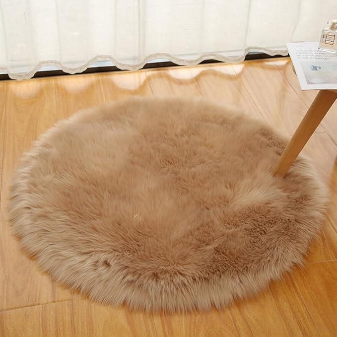 Faux Fur Round Area Rug Soft Fuzzy Carpet Fluffy Plush Mat Home Floor Decoration for Bedroom Living Room Bedside Khaki 59inch