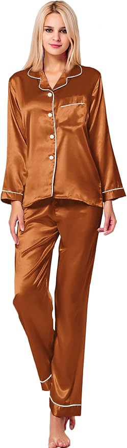 SWOMOG Womens Silk Satin Pajamas Set Long Sleeve Button Down Sleepwear 2 Piece Lounge Set Pj Set XS-3XL
